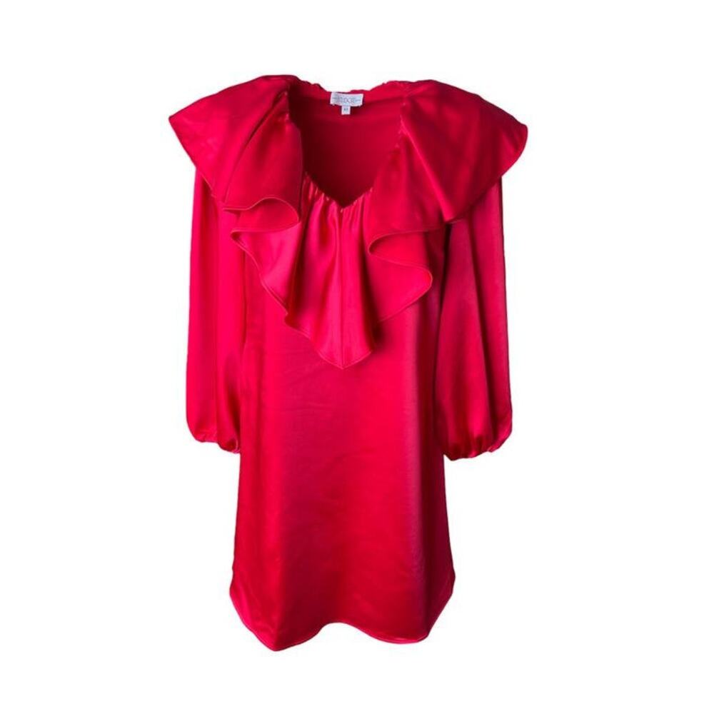 S’edge Sabine Lipstick Red Silky Flutter Neck Puff Sleeve Mini Dress XS Coquette